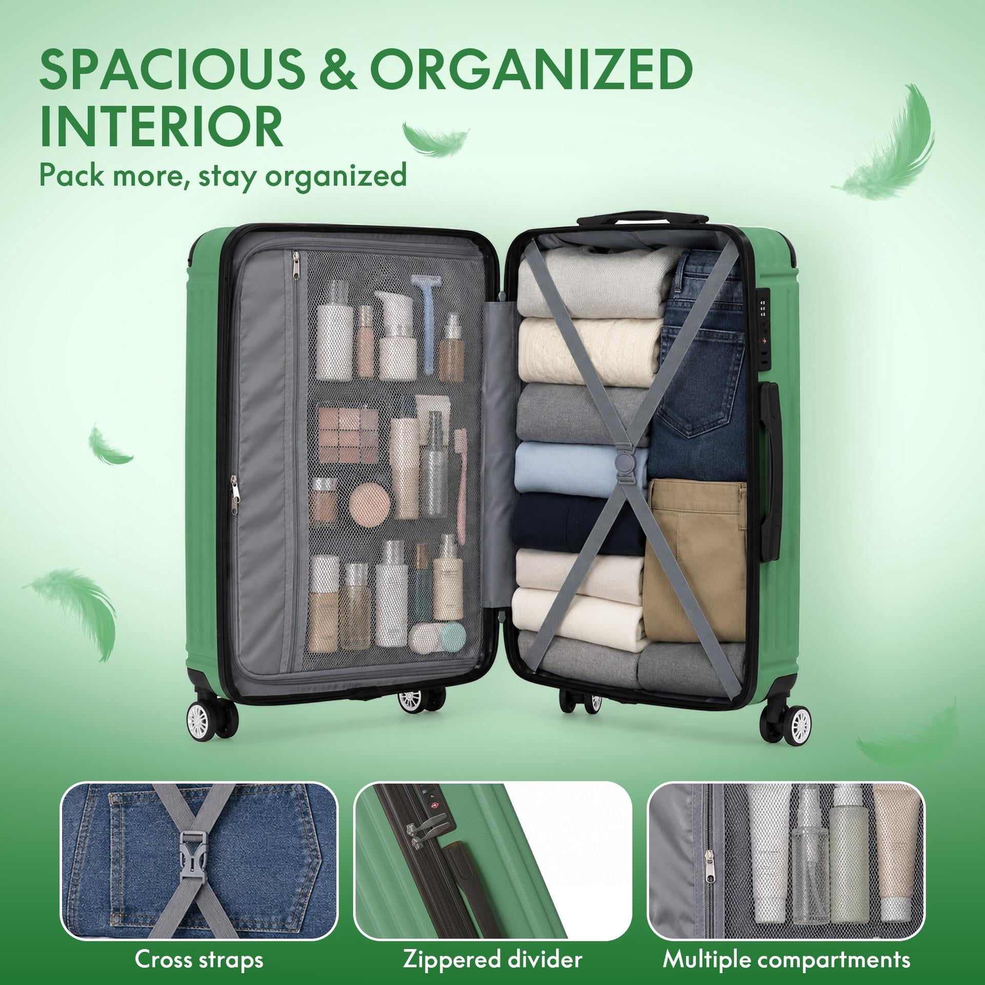 3-Piece ABS Hardshell Luggage Set - Lightweight Durable Suitcases with 4 Silent Spinner Wheels, TSA Lock & Scratch-Resistant Surface, 20"/24"/28", Fruit Green