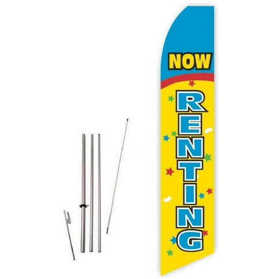 Now Renting Yellow/Blue Super Novo Feather Flag - Complete with 15ft Pole Set and Ground Spike