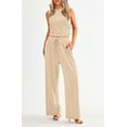 thumbnail image 4 of FreshPretty Women Summer 2 Piece Outfits Ribbed Knit Crew Neck Sleeveless Cropped Top Elastic Waist Wide Leg Pants Lounge Set, 4 of 6