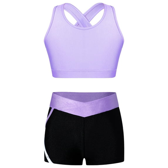CHICTRY Kids Girls Gym Suit Sports Outfit Cropped Tank Top with Striped Biker Shorts Set for Running Jogging Hiking Lavender 8