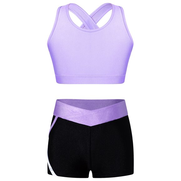 Yartina Kids Girl 2 Piece Sport Outfits Tank Sport Bras Booty Shorts Set Athletic Training Running Yoga Dancewear Lavender 8