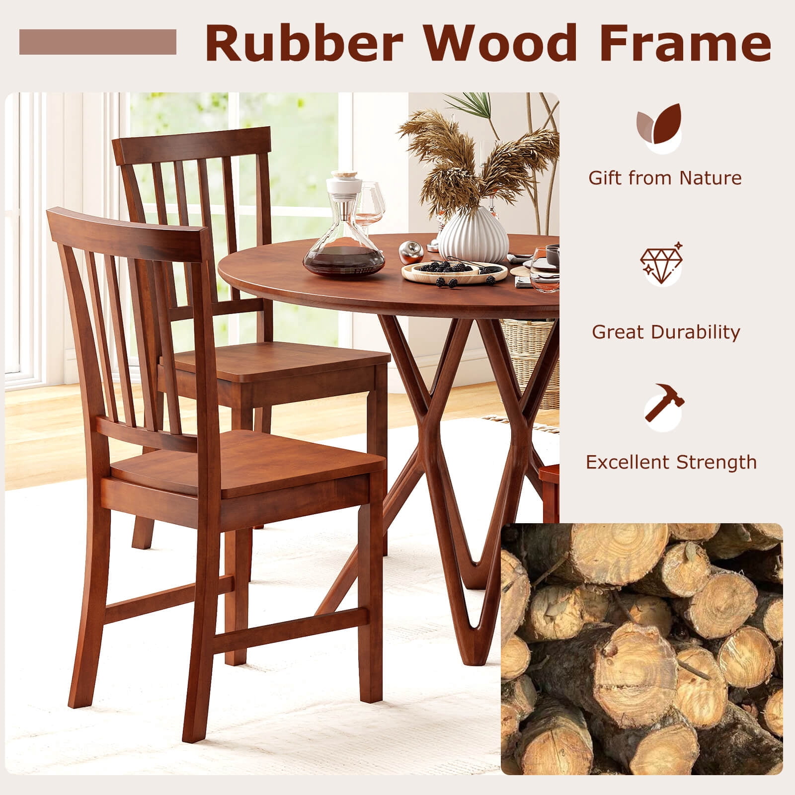 Costway Set of 2 Dining Chair Brown Kitchen Spindle Back Side Chair with Solid Wooden Legs