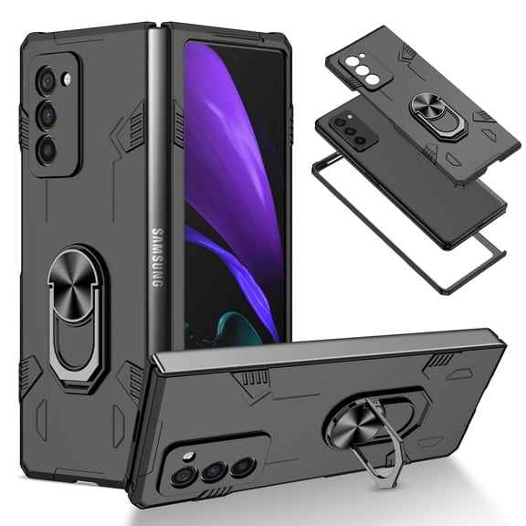 Galaxy Z Fold 2 Case with 360°Rotate Ring Holder, Premium Hard PC Scratch Resistant Anti-Drop Viewing Kickstand Folio Foldable Cover for Samsung Galaxy Z Fold 2 5G(2020), Black