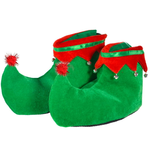 Zapatos de elfo rojos y verdes - Zapatillas de pies de elfo navideñas de terciopelo rojo y verde con cascabeles para adultos y niños