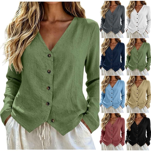 Neewe Womens Button Down Shirts Cotton Linen Long Sleeve Blouses Casual Loose Fit Tops Daily Outfits