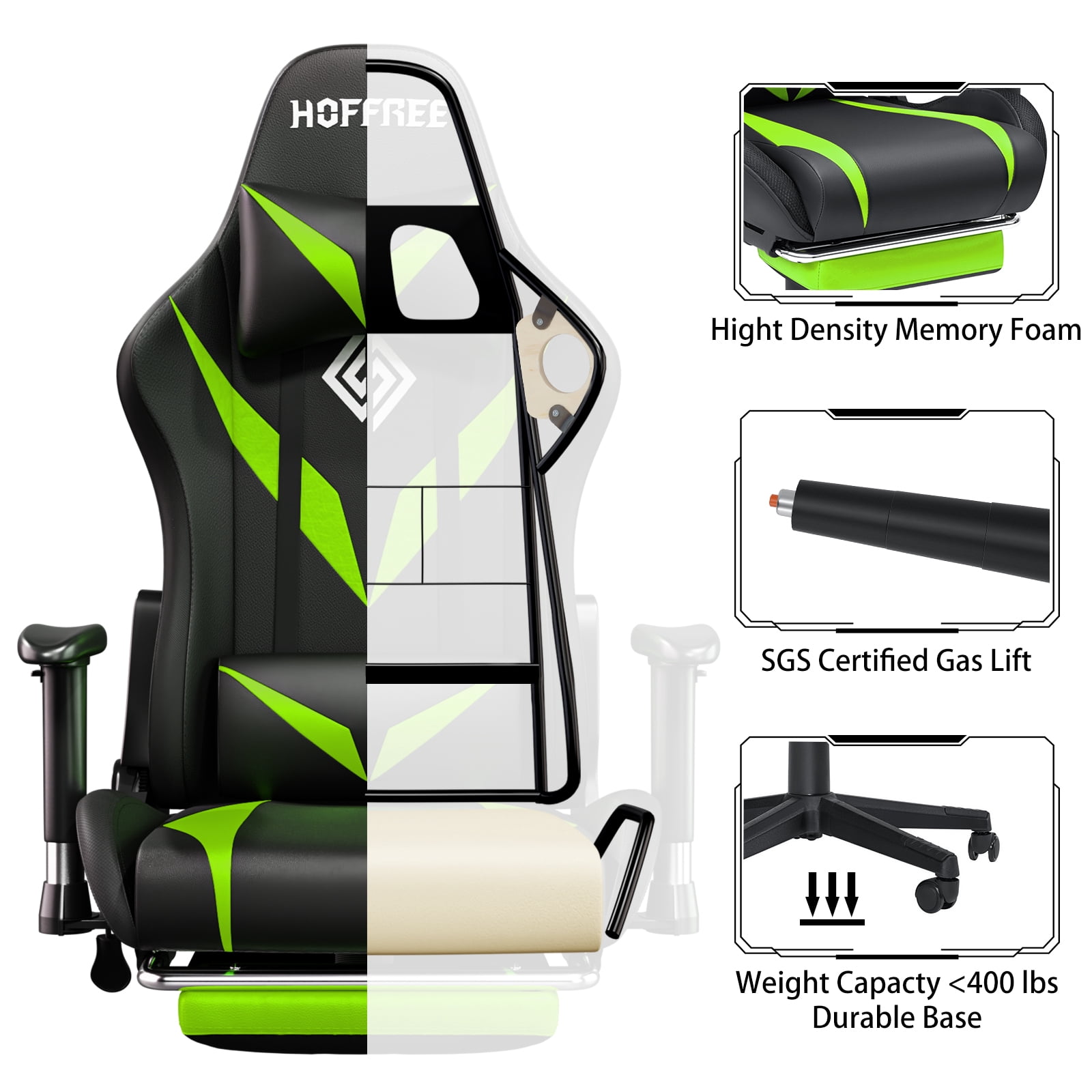 Hoffree Gaming Chair with Speakers Gamer Chair with Footrest and Massage Reclining Video Game Chair with Led Lights and Swivel Seat and Headrest and 2D Armrests for Adults
