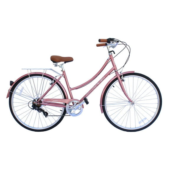 Wonder Wheels City Bike 700C 39 Cm/15.5" Hi-Ten Steel Frame, Shimano Tz21-7 Speed V-Brake, Alloy Rims 700C*14G*32H, Tire:700Cx35 Black. With Back Rack - Rose Gold