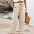 thumbnail image 2 of Linen Pants Women Elastic High Waisted Drawstring Wide Leg Linen Pants Lounge Solid Color Beach Pant with Pockets, L, 2 of 6