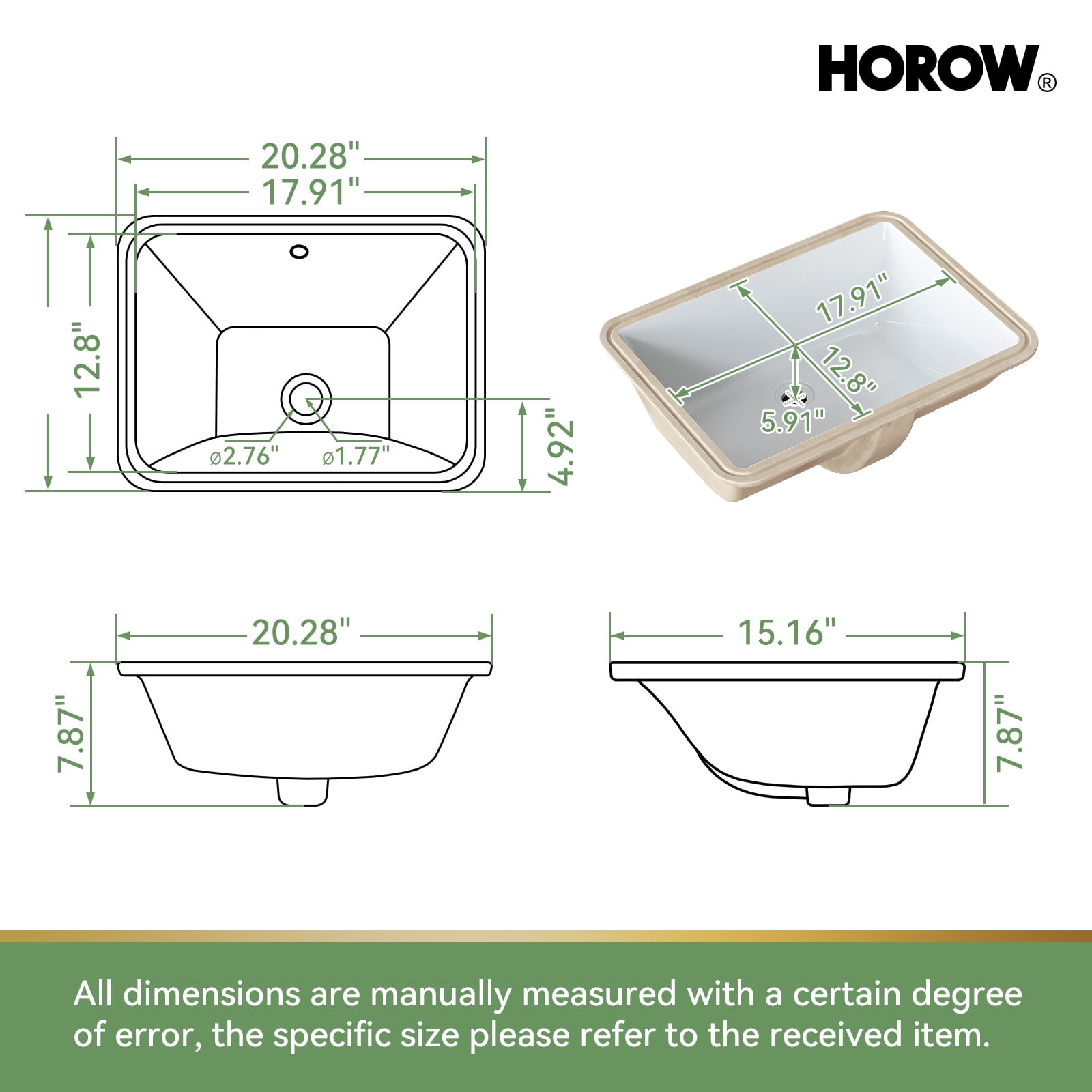 HOROW 20" x 15" White Ceramic Undermount Bathroom Sink, Rectangular Basin with Overflow Hole for Vanity