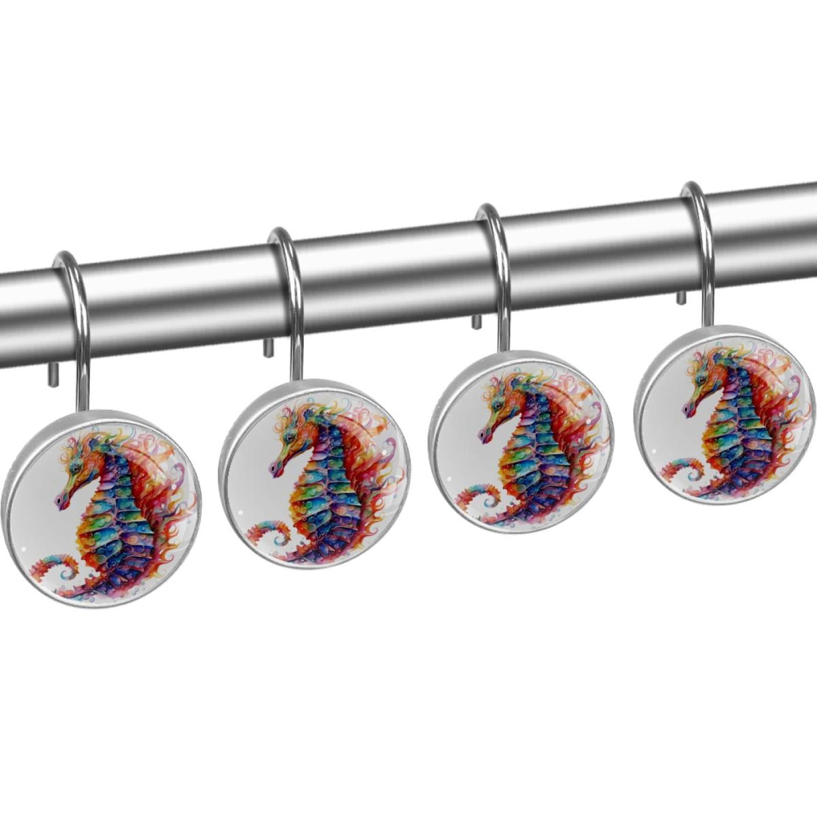 Seahorse Shower Curtain Hooks （Set of 12） for Home Hotel Shower Rods Bathroom Crystal Glass Print Stainless Steel Round Curtain Hooks