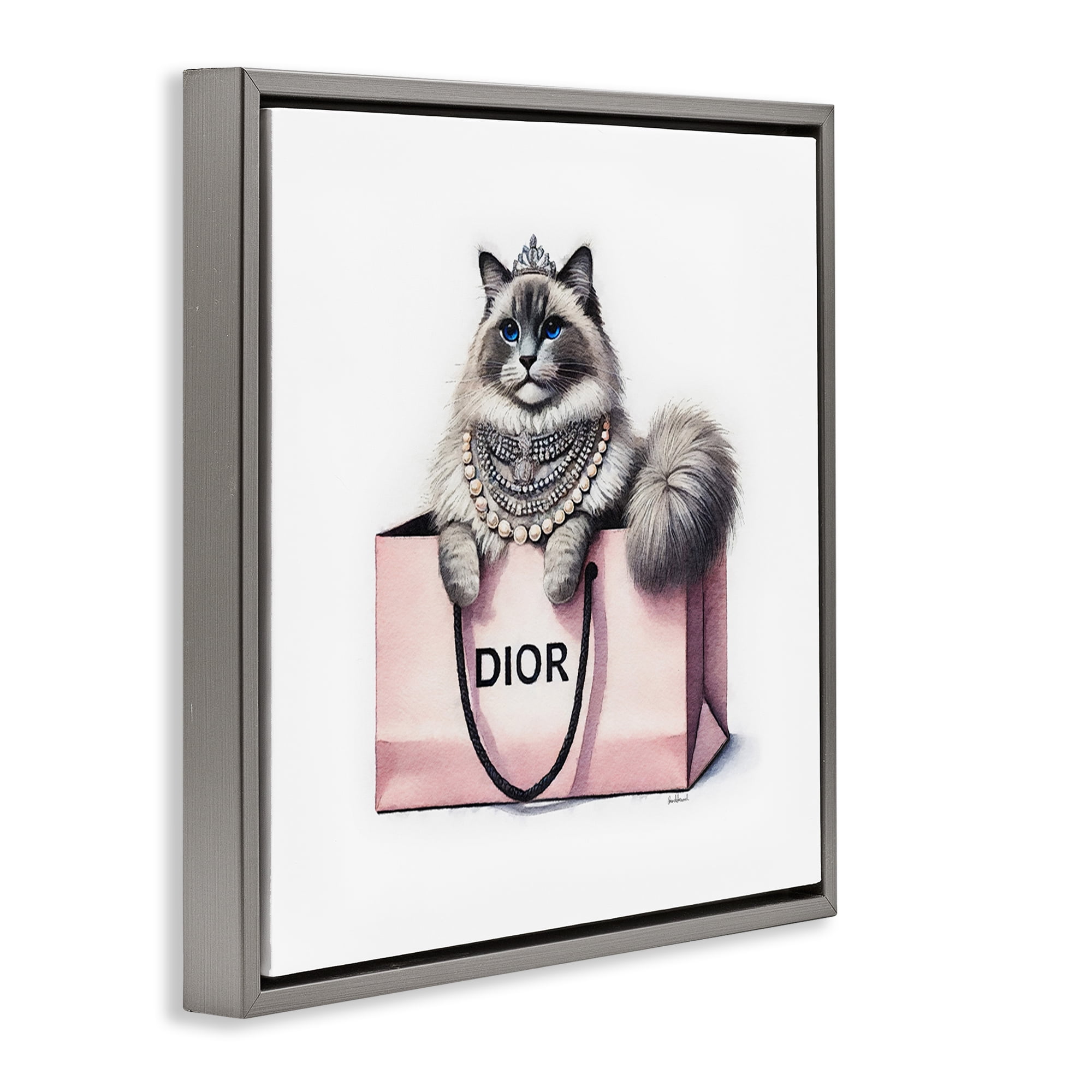 Stupell Industries Lovely Cat in Shopping Bag Animals Painting Gray Floater Framed Canvas Art Print Wall Art, 25 x 25