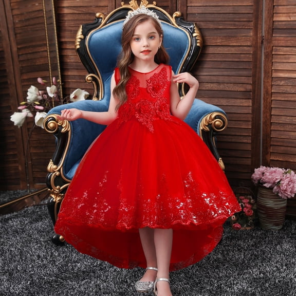 Girl Ruffle Tiered Tutu Gown Flower Girl‘s Sleeveless Embroidery Lace Princess Dresses with Long Hem Party Ball Tulle Pageant Gowns for Wedding, Birthday - 4-12T