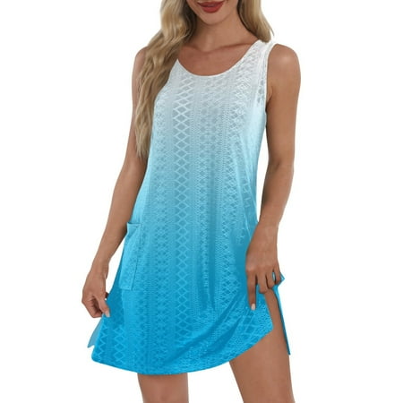 UoCefik Womens Swimsuit Coverup Hollow Out Bathing Suit Cover Up Sleeveless Bikini Beach Cover Up Tank Dress with Pockets Blue XL