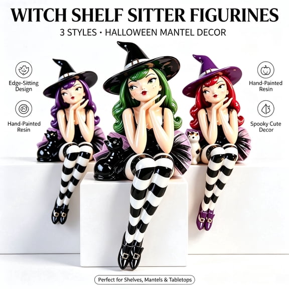 Halloween Witch Shelf Sitter Decor, 11.8 Inch Green Hair Witch Figurine with Dangling Legs, Cute Spooky Witch Statue for Mantel Shelf Tabletop Indoor Fall Home Decoration
