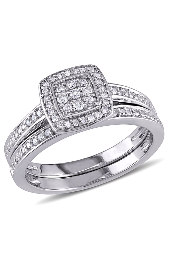 Bridal Set Square Shape Halo Wedding Ring, Pave Set Half Eternity Stackable Engagement Ring, 2.2 Ct Round Cut Simulated Diamond, 14K White Gold Plated, Proposal Promise Women's Anniversary Gift