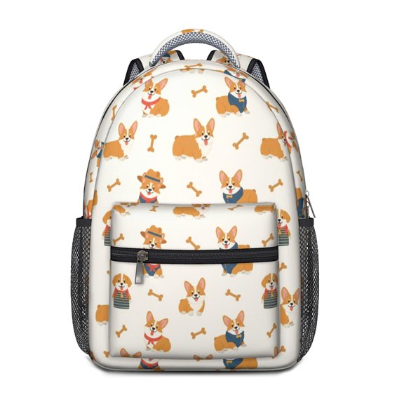 Corgi Costume and Bone Cream Backpack for School, Cute School Bag with Adjustable Shoulder Straps and Padded Back, 15.3"x11"x6.7"