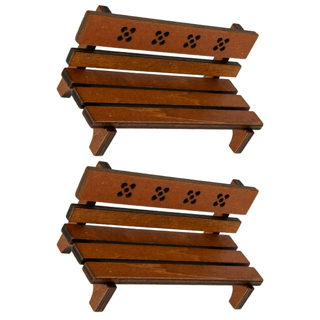 OULII 2Pcs Miniature Garden Benches for Doll House Decor in Light Brown Wood Compact Shape with Lifelike Design