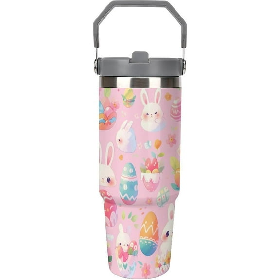 30 oz Easter Bunny Travel Tumbler Gifts for Girls, Insulated Stainless Steel Cup with Handle, Purple Easter Egg Pattern, Vacuum Sealed (Pink)