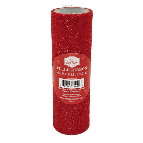 Red Glitter Tulle Christmas Ribbon, 6" x 15', by Holiday Time