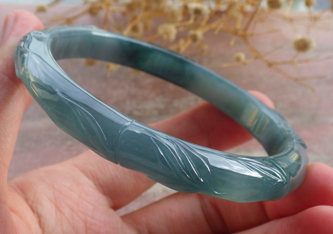 Icy Lavender Green Natural A JADE Jadeite Bat Ruyi Bamboo Bangle Bracelet 58 mm 683932 T