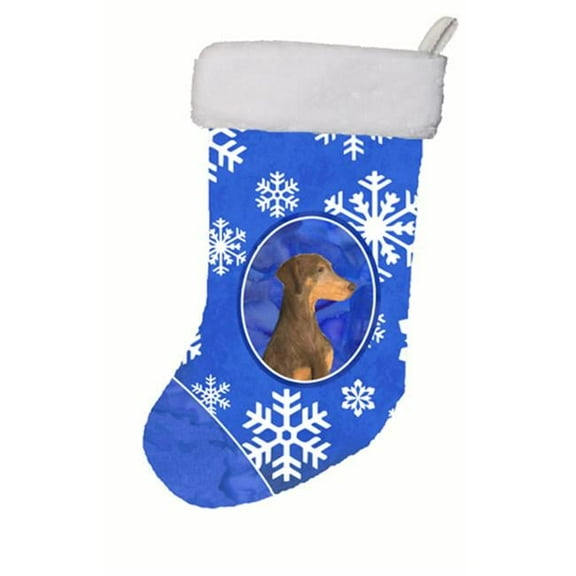 11 W x 8 H in. Doberman Winter Snowflakes Christmas Stocking