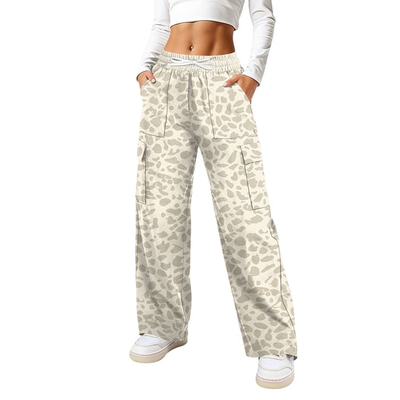 Womens Pants Leopard Print Elastic Waist Drawstring Wide Leg Cargo Pants With Multi Pockets Casual Loose Fit Athletic Lounge Pants For Daily Streetwear