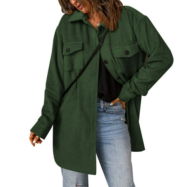 Abrigo Color Sólido Solapa De Un Solo Pecho Mangas Largas Casual Suelta Cómoda Camisa Chaqueta Verde S