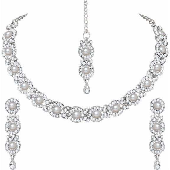 Parshwa Creations Women's Indian Bollywood Stlye Wedding Silver Plated Jewelry Crystals American Diamonds Alloy Necklace Set with Earrings
