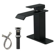 BWE Bathroom Faucet Matte Black Modern Waterfall with Pop Up Drain for Sink 1 Single Hole Bathroom Sink Faucet Parts Spout Bath Lavatory Vanity Stopper Overflow and Supply Hose Single Handle Square