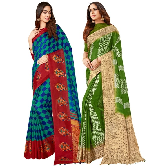 Pack of Two Saree for Women Printed Linen Silk Indian Wedding Sarees | Diwali Gift Ethnic Sari Combo