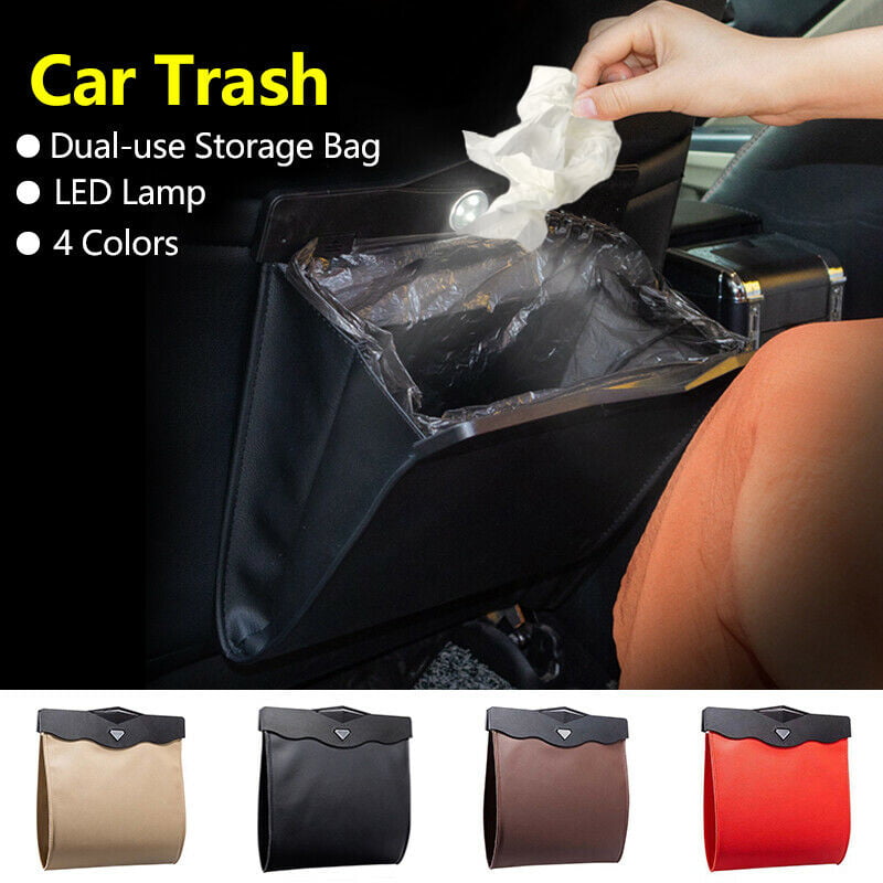 Smart LED Car Trash Can Waterproof Garbage Bag Leather Storage Pocket Reusable 