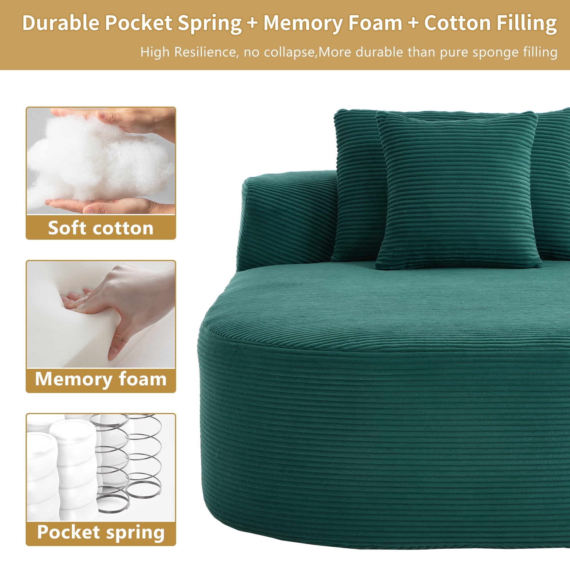 Sleeper Sofa, Chaise Lounge Chair, Oversized Convertible Sofa Bed with Deep Plush Corduroy Seat, No Assembly Required, for Living Room Lounging, Green