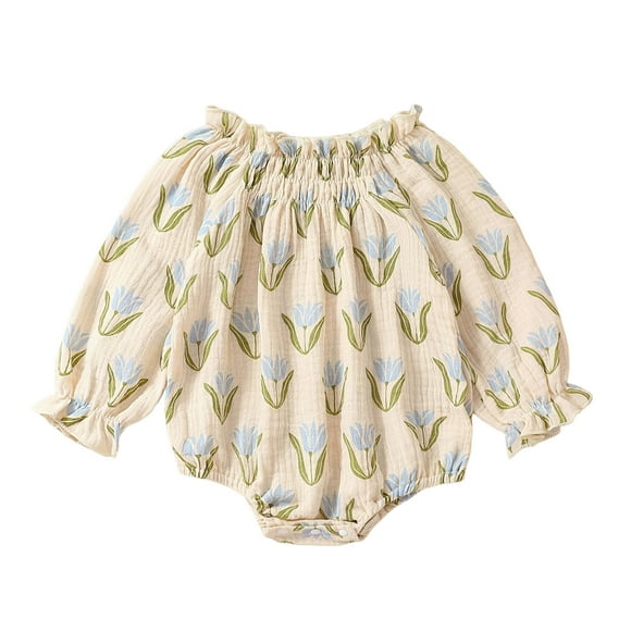 PMVFHDE Barboteuses Filles Manches Longues Imprimé Floral Justaucorps Doux pour Enfants Vêtements Justaucorps Filles&One-Pieces Bleu,0-6 Mois