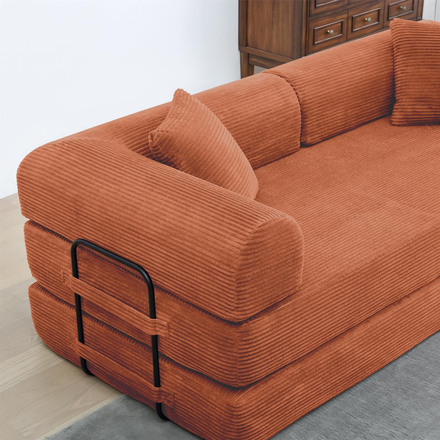 Demi Bonn 77" Convertible Sleeper Sofa Bed, Corduroy Foldable Mattress Couch with Cylindrical Pillow & Fixed Frame for Living Room, Bedroom, Orange