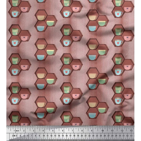Soimoi Brown Cotton Voile Fabric Honeycomb,Coffee & Tea Cup Beverages Decor Fabric Printed Yard 42 Inch Wide