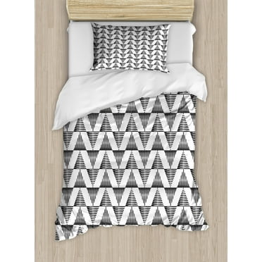 Black and White Duvet Cover Set Twin Size, Striped Triangles Up and Down in Scribble Style Ethnic Boho Illustration, Decorative 2 Piece Bedding Set with 1 Pillow Sham, Black White, by Ambesonne