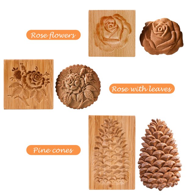 Molde de madera para galletas, flor, cono de pino, sello tallado para galletas, 3 uds. (A/B/C)