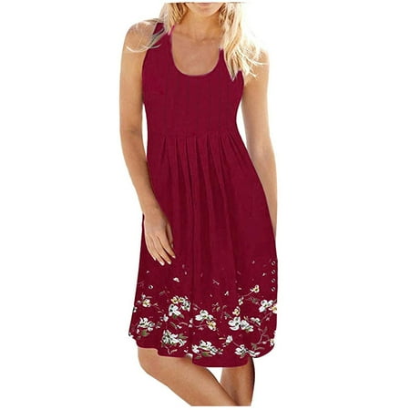 

Women Casual Sleeveless Floral Mini Dress Summer Beach Halter Neck Dresses Wine XL
