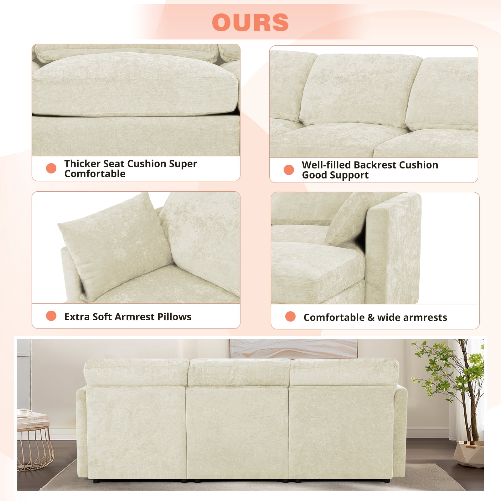 ACMEASE 84” Chenille 3 Seats Sofa W/Movable Ottoman, Modern Fabric L-Shaped Couch with Soft Backrest, Upholstered Sectional Sofa with Armrest Pillows for Living Room, Office, Beige