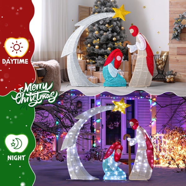 48in Lighted Outdoor Nativity Scene, 170 White LEDs, Classic Silhouette (Moon + Star), Collapsible with Ground Stakes for Indoor/Outdoor Use
