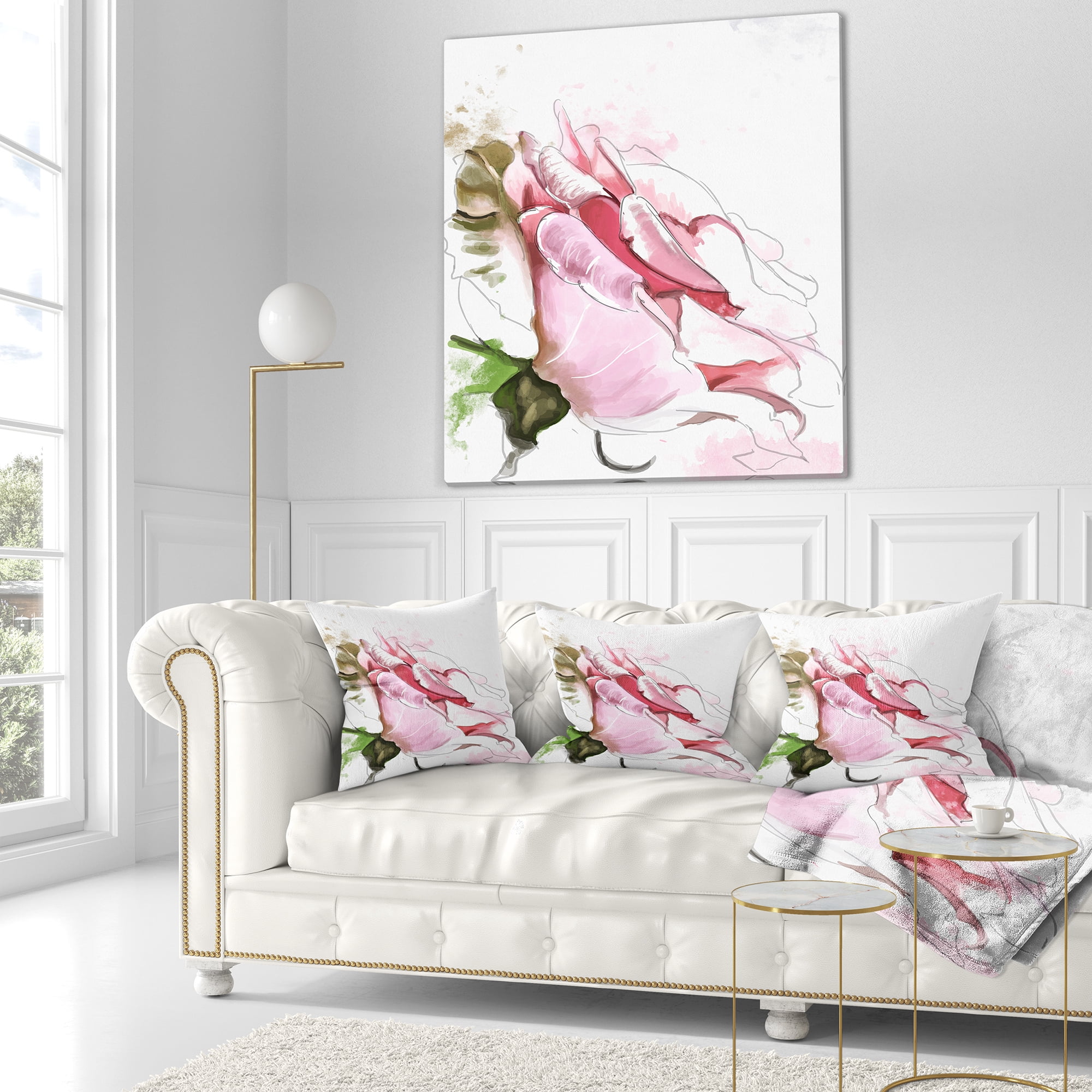 Designart Pink Rose Illustration on White - Floral Throw Pillow - 18x18