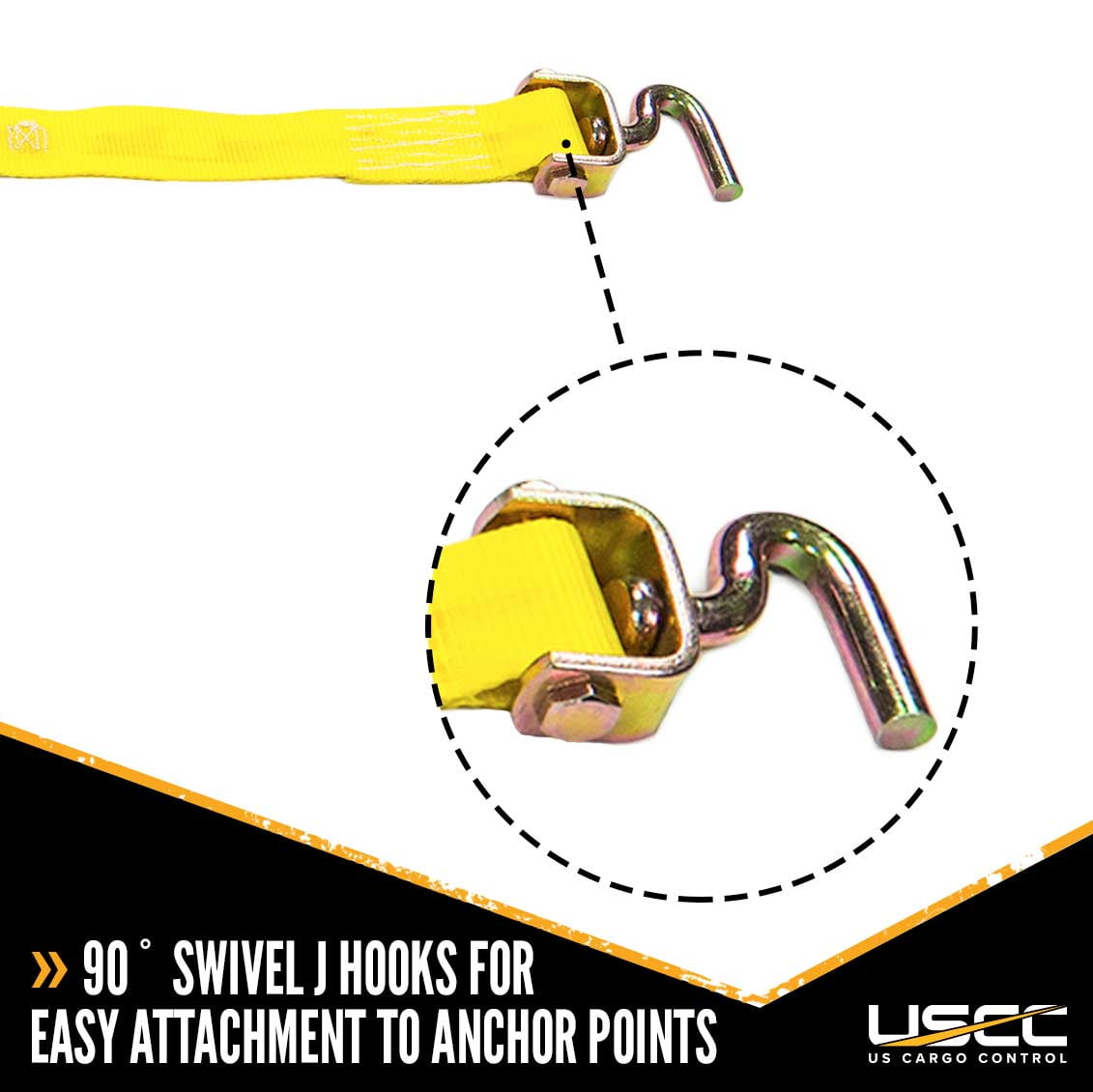 Wheel Strap w/ 3 Swivel J Hooks with 90 degree hook angle & Ratchet