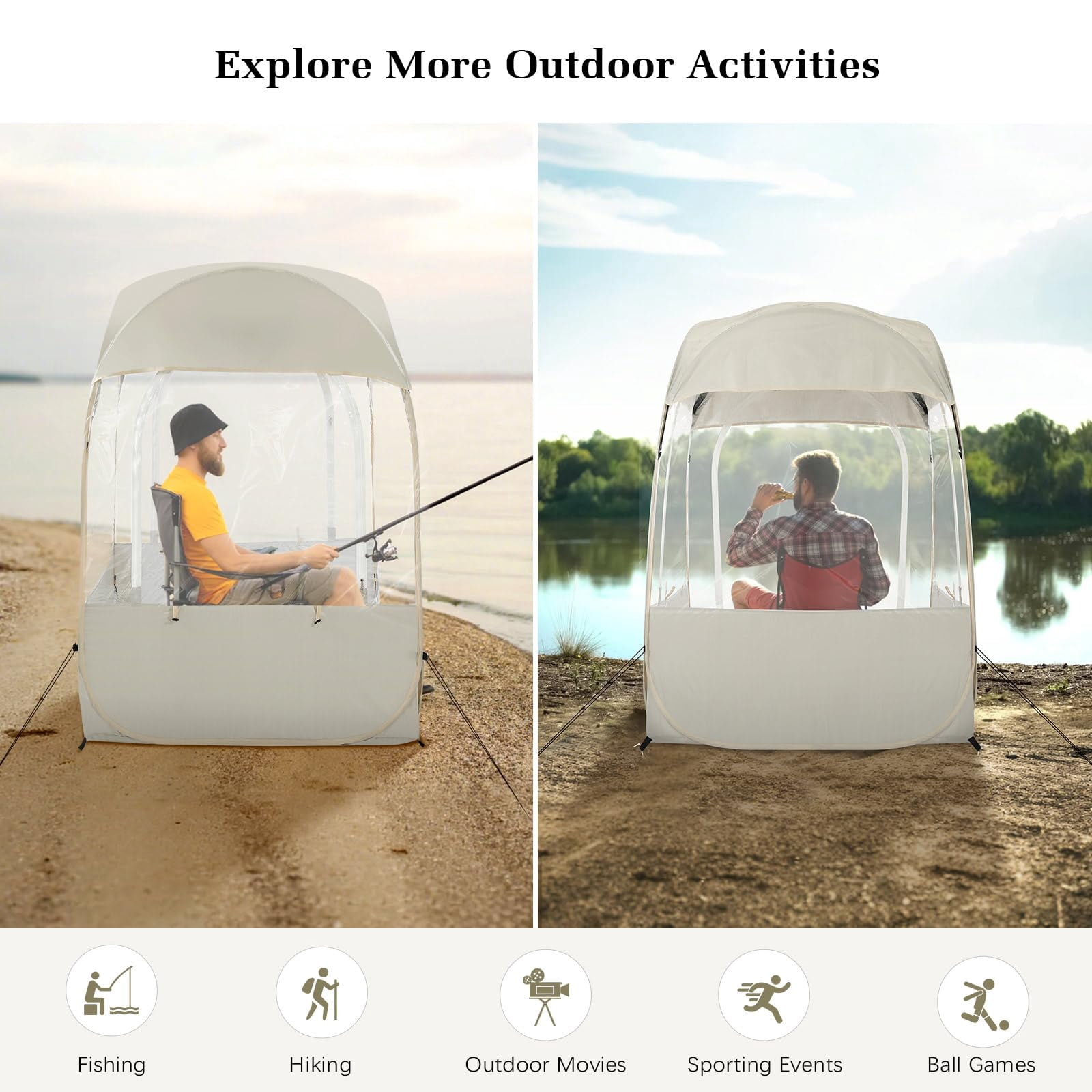 Sports Tent for 1 Person, Portable & Foldable Pop Up Tents Shelter with Carry Bag, Instant Weather Proof Clear View Bubble Tent for Watching Sports Events, Fishing, Camping, Beige
