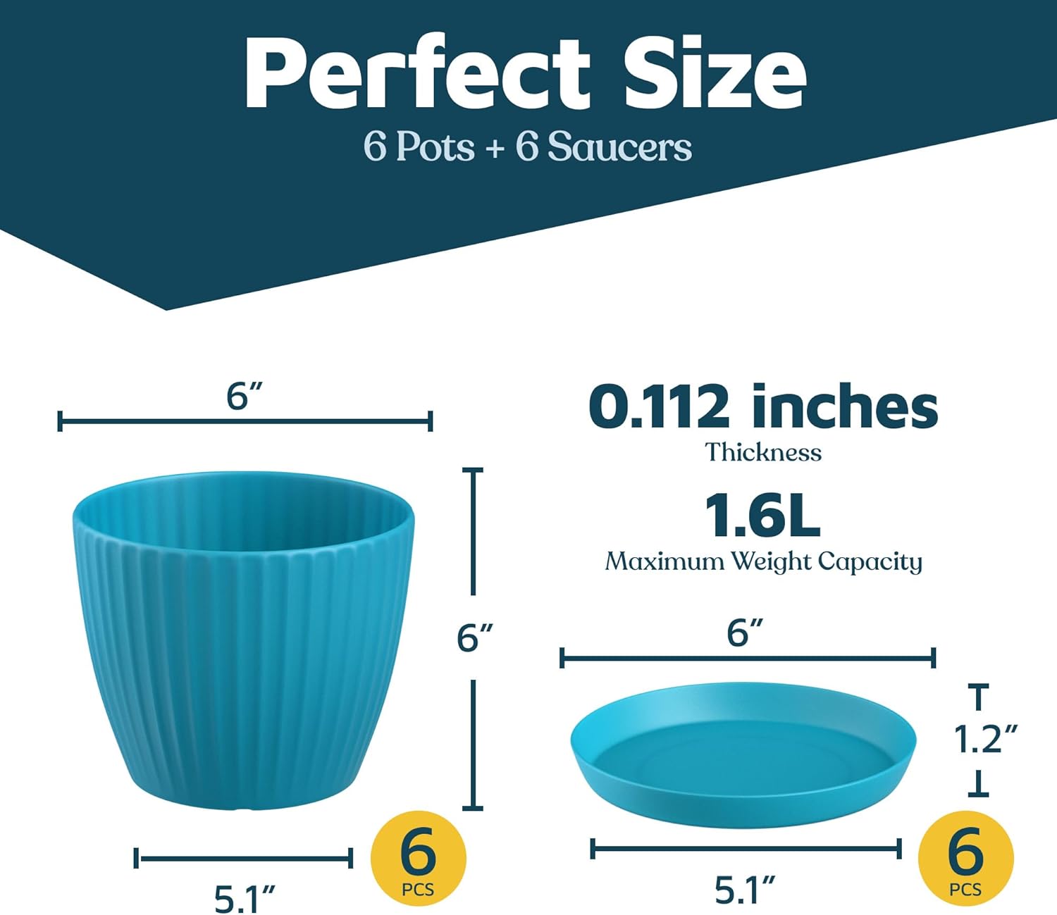 Blue 6-Inch Plant Pots with Drainage & Saucers 6 Pack, Indoor & Outdoor Planters for Houseplants, Herbs, and Flowers, Durable & Weatherproof Material, Stackable, Lightweight, Minimalist Design