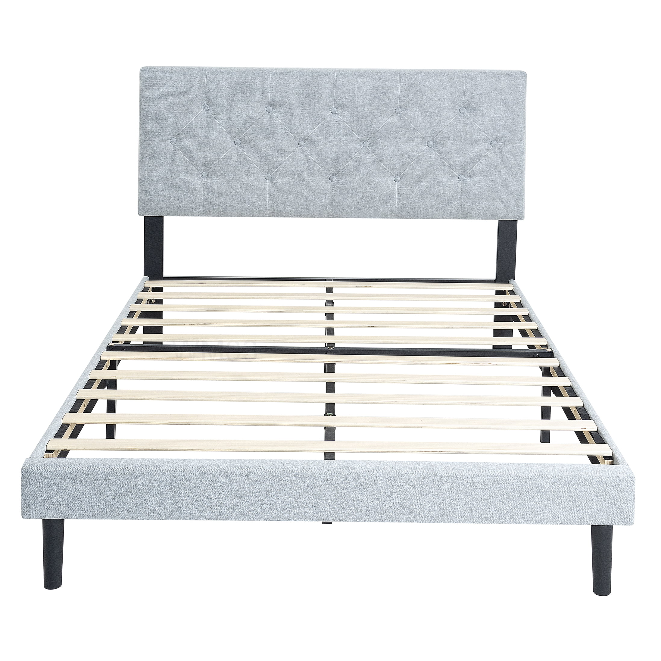 Modern Light Grey Upholstered Queen Bed, Platform Frame with Button Tufted Headboard and Wood Slats, Under Bed Clearance