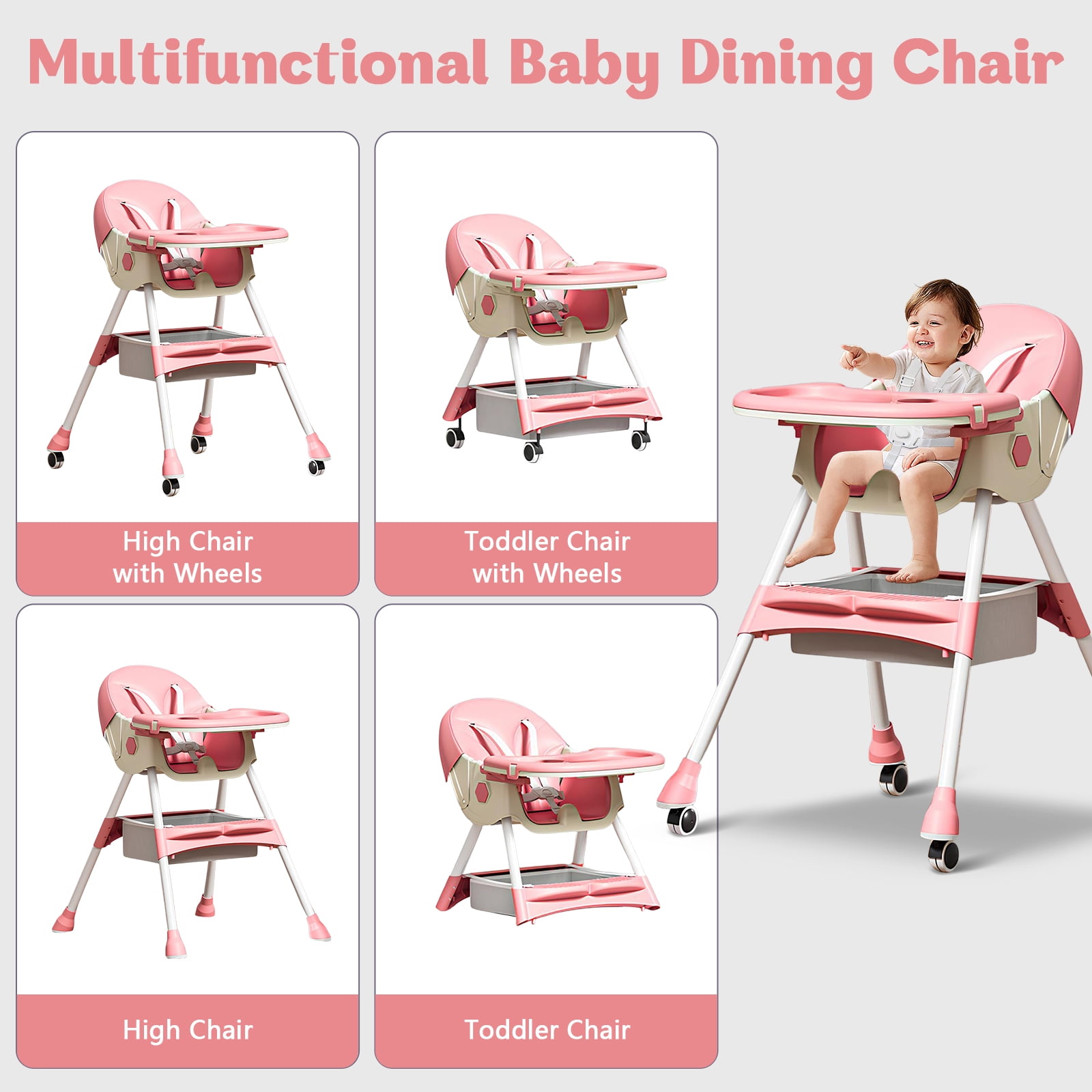 HAOUUCYIN 4-in-1 Baby High Chair, Portable Dining Chairs Eat & Play with Double-Layer Dinner Plate and Toy Rack, for 0-36 Months, Pink