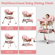 HAOUUCYIN 4-in-1 Baby High Chair, Portable Dining Chairs Eat & Play with Double-Layer Dinner Plate and Toy Rack, for 0-36 Months, Pink