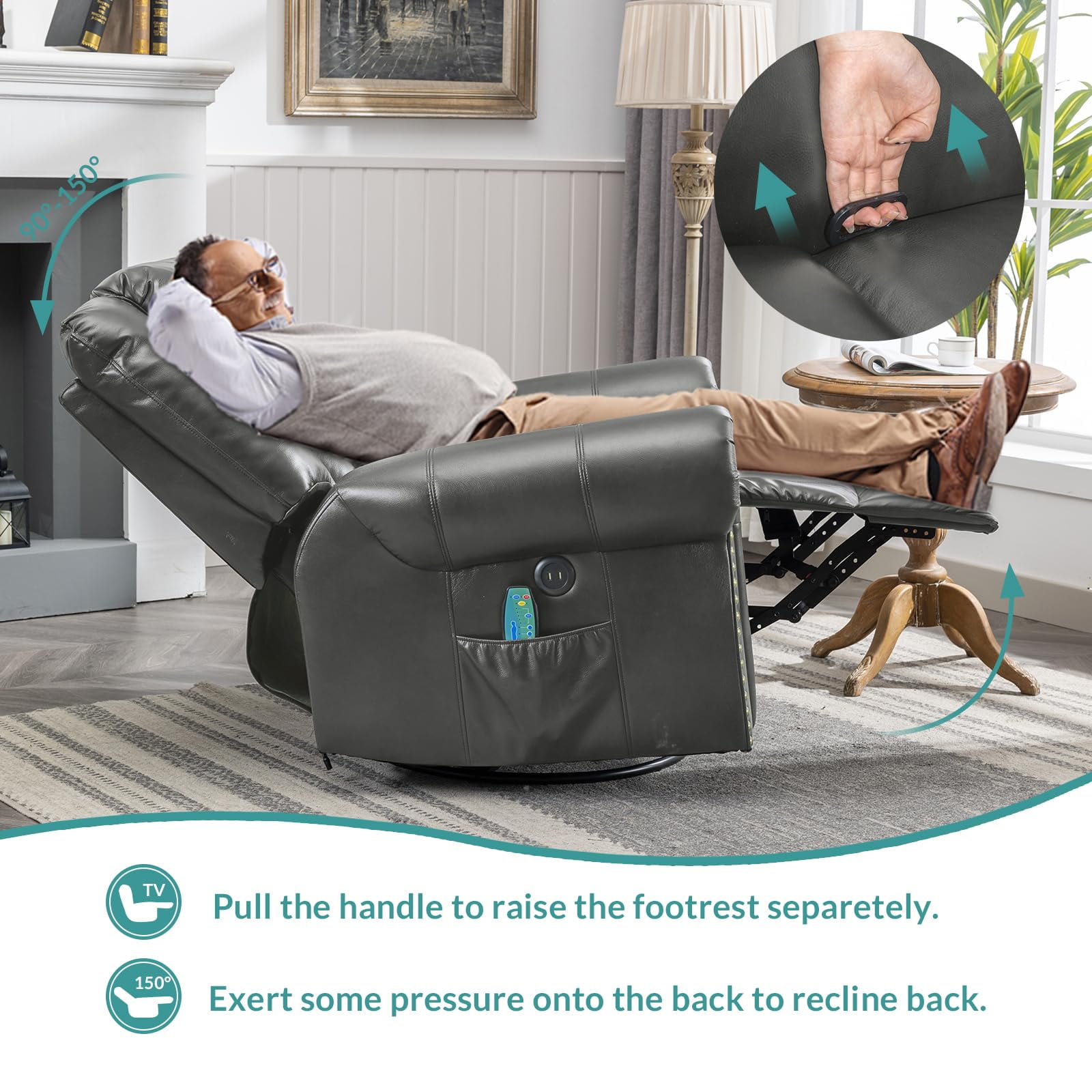 MEETWARM Massage Swivel Rocker Recliner, Manual Glider Rocking Recliner Chair with Heat and Vibration, 360°Swivel Lounge Reclining Chair with Remote Control/USB Ports for Living Room(Gray)