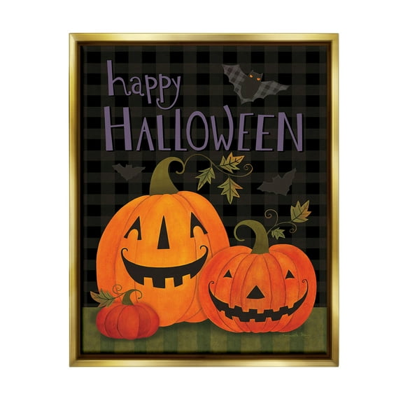 Stupell Industries Pumpkins & Bat on Plaid Holiday Painting Gold Floater Framed Canvas Art Print Wall Art, 25 x 31