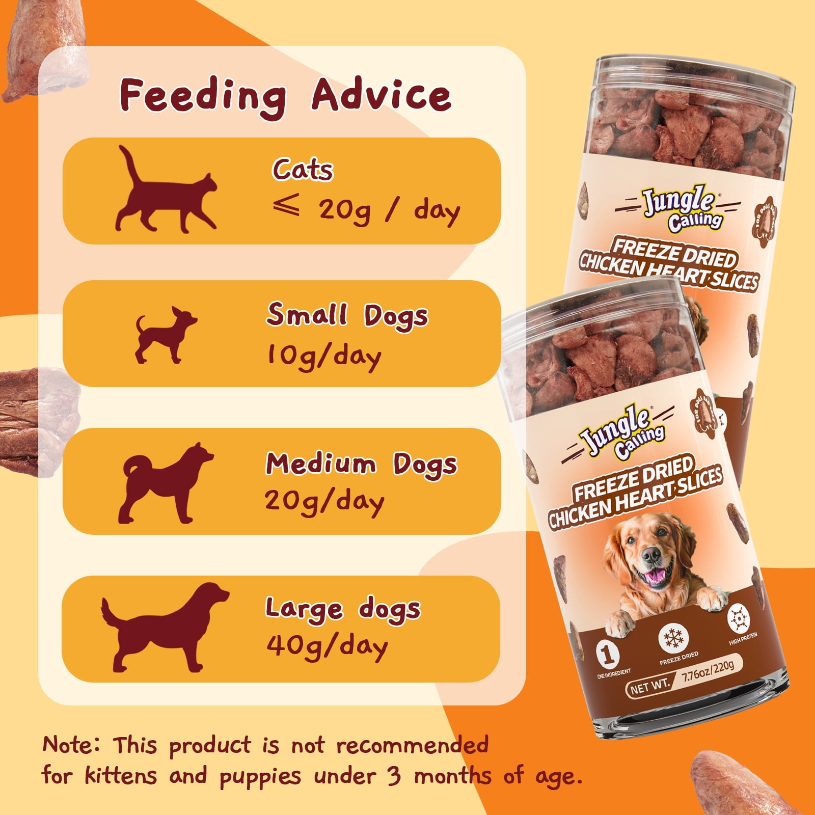 Jungle Calling  Freeze Dried Chicken Hearts Halves for Cats and Dogs, 7.76 oz Jar